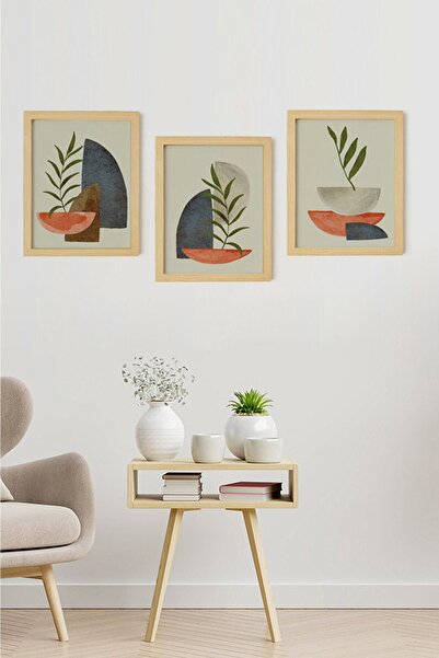 Ayışığı Dizayn Bohem & Iskandinav Doğal Ahşap Çerçeveli 3'lü Tablo Seti