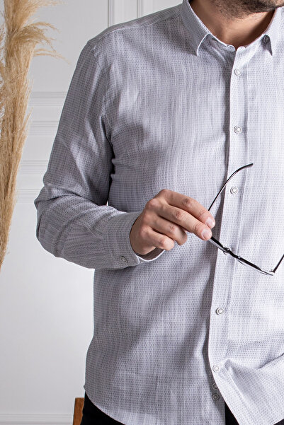 Sarar İnterview Sarar Artos Gizli Düğmeli Yaka %100 Pamuk Slim Fit Gri Gömlek