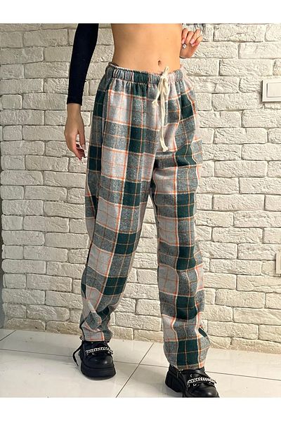 Gofeel Harajuku Orange/Green Plaid Square Detailed Unisex Wide Leg Vintage Sweatpants HS