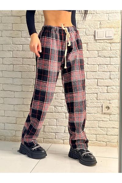 Gofeel Harajuku Purple/Red Plaid Square Detailed Unisex Wide Leg Vintage Sweatpants HS