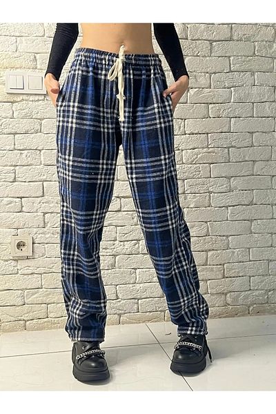 Gofeel Harajuku Blue Plaid Square Detailed Unisex Wide Leg Vintage Sweatpants HS