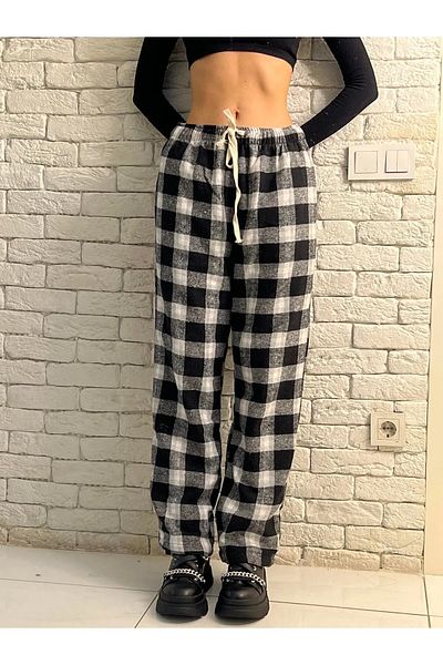 Gofeel Harajuku White Plaid Square Detailed Unisex Wide Leg Vintage Sweatpants HS