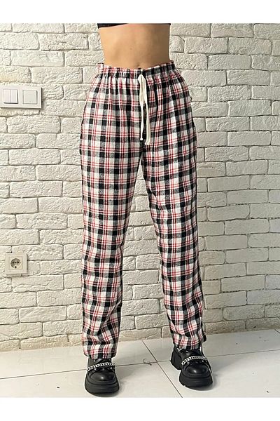 Gofeel Harajuku White/Red Plaid Square Detailed Unisex Wide Leg Vintage Sweatpants HS