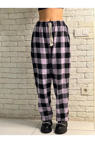 Gofeel Harajuku Purple/Black Plaid Square Detailed Unisex Wide Leg Vintage Sweatpants HS