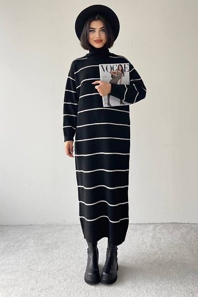 lovebox Turtleneck Long Sleeve Oversize Midi Length Striped Black Knitwear Dress Without Belt 183