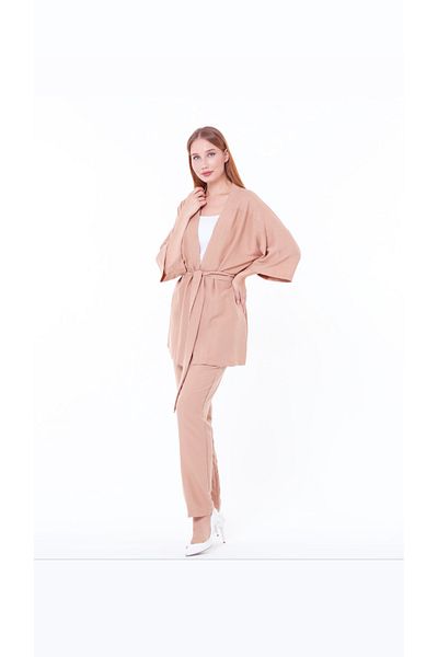 1Moda1Tarz Women's Mink Aerobin Fabric Top Belted Cardigan Bottom Elastic Pocket Buttoned Trousers Bottom Top Set Kimono