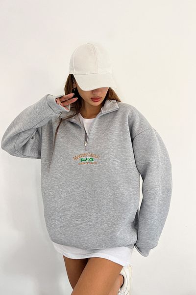 Sun Victoria Unisex γκρι γιακάς υπερμεγέθης με 3 κλωστές χτενισμένο βαμβακερό κεντημένο φούτερ