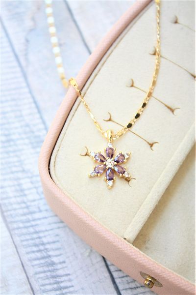 Neva GOLD PLATED THIN ARPA CHAIN PURPLE COLOR ZIRCON LOTUS FLOWER NECKLACE
