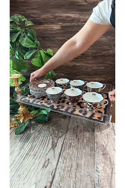 Queen Bee İstanbul Leopard Print Plexiglass Tray, Presentation and Serving Tray, 40X25Cm Large Size