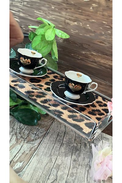Queen Bee İstanbul Leopard Print Plexiglass Tray, Presentation and Serving Tray, 40X25Cm Large Size