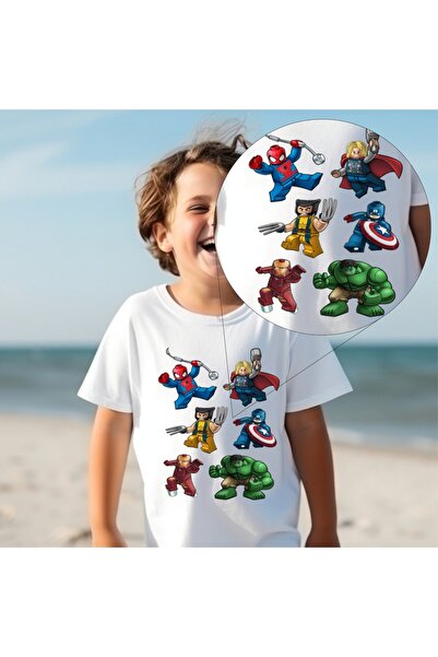 PHAMUK Beyaz Kısa Kollu Erkek Çocuk Marvel Super Kahraman Baskılı Tişört