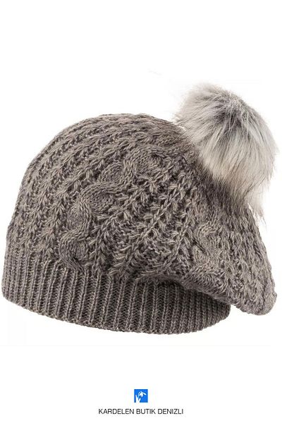 Kardelen Butik Denizli Beige Painter Beanie with Pompom Motif for Women and Men (Light Gray)
