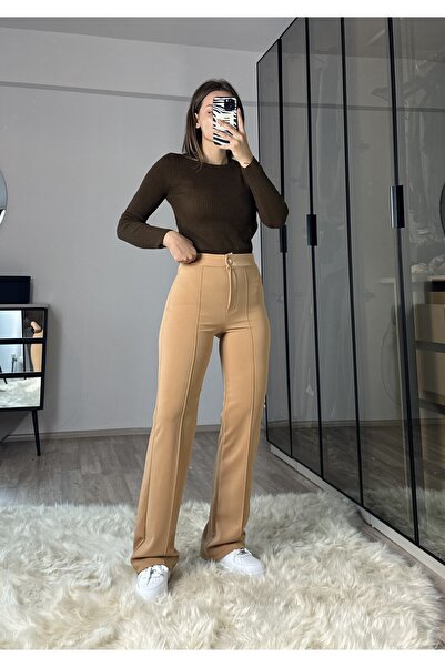 NET OF NOT Yeni Sezon Camel Yüksek Bel Nervür Dikişli Toparlayıcı Palazzo Kadın Pantolon