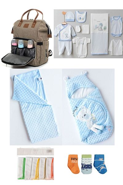 Necix's 6-Piece CUTE MONTHS BIRTH SET (10-Piece HOSPITAL EXIT, BABY BAG, SWADDLE, BLANKET, WIPES AND SOCKS SET)