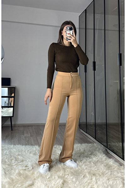 NET OF NOT New Season Camel High Waist Ribbed Stitching Gathering Palazzo Women's Trousers