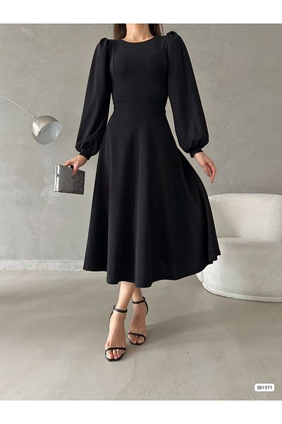 Trendusfashion Rochie midi cu mânecă cu balon din țesătură creponată importată