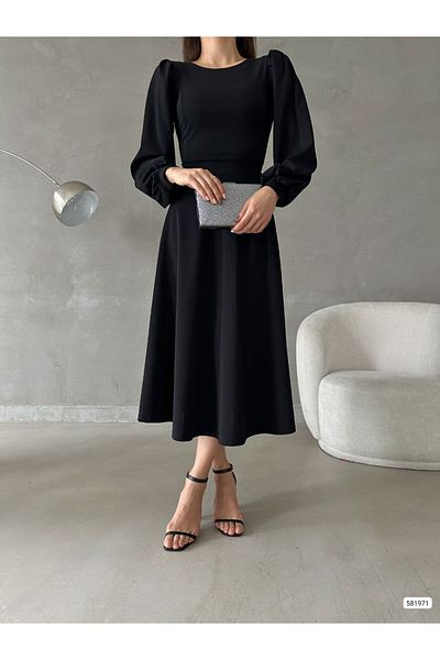Trendusfashion Rochie midi cu mânecă cu balon din țesătură creponată importată