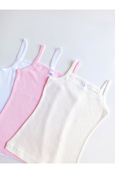 ÇebiKids Girl's 100% Cotton White/Pink/Ecru Jacquard String Strap Undershirt/...