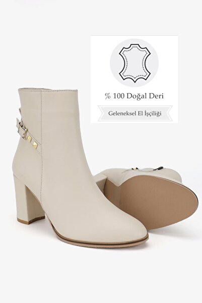 TUNAELLİ Kadın Bej Hakiki Deri 35-41 Numara Topuklu Bot & Bootie