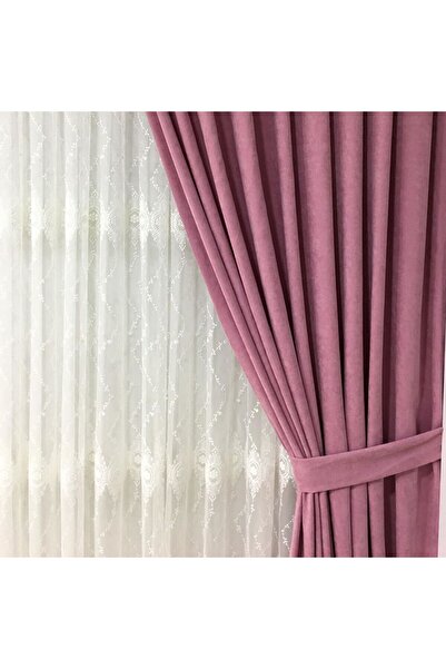 Nish Perde NİSH PERDE Mat Kadife Fon PUDRA PEMBE İKİ KANAT SIK PİLE