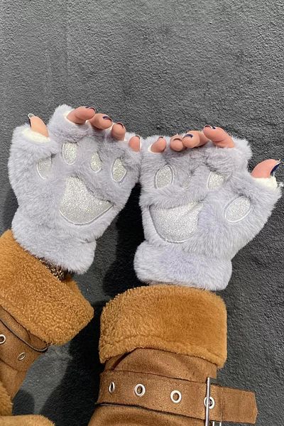 sebura Glitter Plush Half Finger Paw Gloves