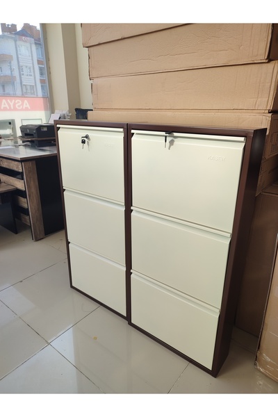 KASER 6 Kapaklı Kahve Krem Kilitli Metal Ayakkabılık 3 3 Kapaklı Kahve Krem Metal Ayakkabılık