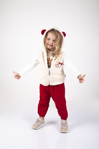 Melekpare Baby Girl Set 3-Piece Teddy Bear with Snap Fastener Badi + Velvet Trousers + Sleeveless Hooded Plush Vest 100% Cotton