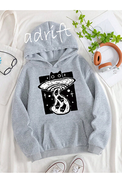 Adrift Unisex Oversize kroj Sa kapuljačom Kengur džep Mačka Svemir Štampano