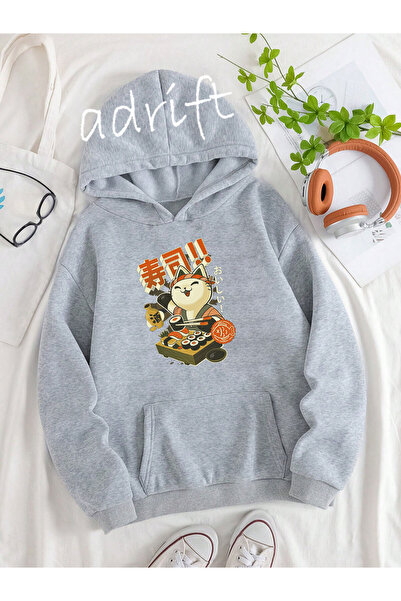 Adrift Unisex Oversize kroj Sa kapuljačom Kengur džep Mačka Riba Štampano