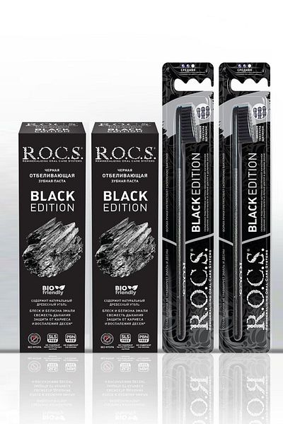 R.O.C.S. مجموعة العناية بالفم المبيضة بالفحم من Rocs Black Edition - 2 معجون وفرشتين