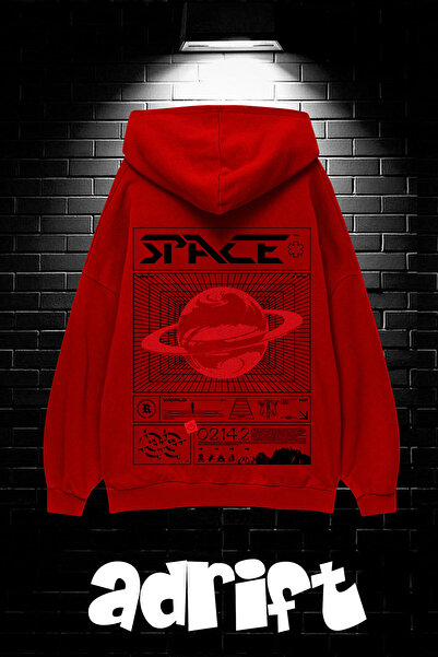 Yasolin Unisex Oversize Kapüşonlu Kanguru Cepli Space Worldred Baskılı Sweatshirt Hoodie Kırmızı
