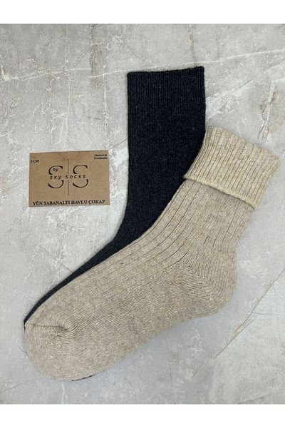 Sky Socks Комплект от 2 вълнени чорапа за зимна кърпа, дебели плетени чорапи от агнешка вълна, черно-бежови
