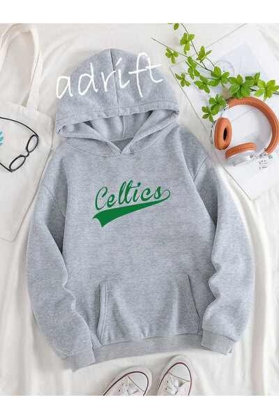 Yasolin Unisex Oversize Kapüşonlu Kanguru Cepli Celttics Baskılı Gri