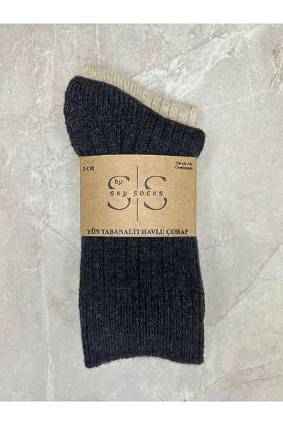 Sky Socks Комплект от 2 вълнени чорапа за зимна кърпа, дебели плетени чорапи от агнешка вълна, черно-бежови