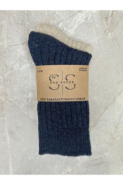 Sky Socks Комплект от 2 вълнени чорапа за зимна кърпа, дебели плетени чорапи от агнешка вълна, тъмносиньо-бежови