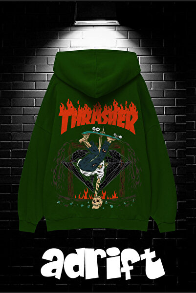 Yasolin Unisex Oversize Kapüşonlu Kanguru Cepli Thrasher Baskılı Sweatshirt H...