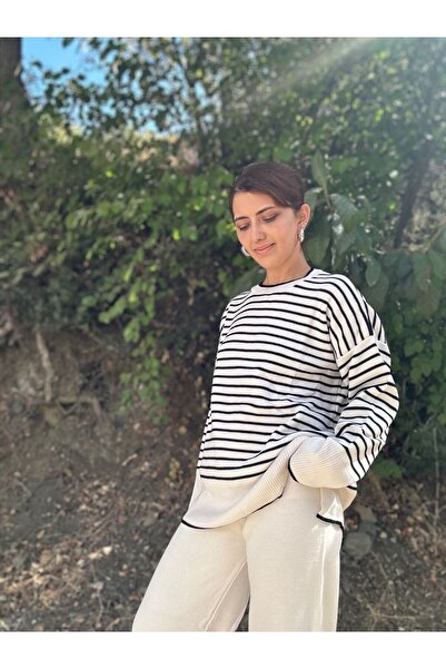 soBasic Велосипедний комір, довгі рукави, смугастий трикотажний комплект-STD - Екрю