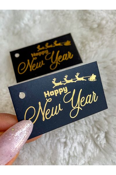 Hayal.kirtasiyesi 'Happy New Year' Gold Printed Sticker - 5X2.5 cm 30 Pieces of Candle Sticker Christmas Sticker with Leaf