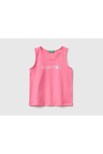 United Colors of Benetton Girl's Fuchsia Glittered Benetton Written Tank Top