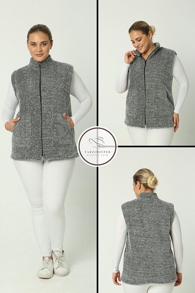 tarzımsüper Plus Size New Season Ζεστό βελούδινο γιλέκο με φερμουάρ 2 τσέπες Comfort μοντέλο πλεκτό φλις γιλέκο