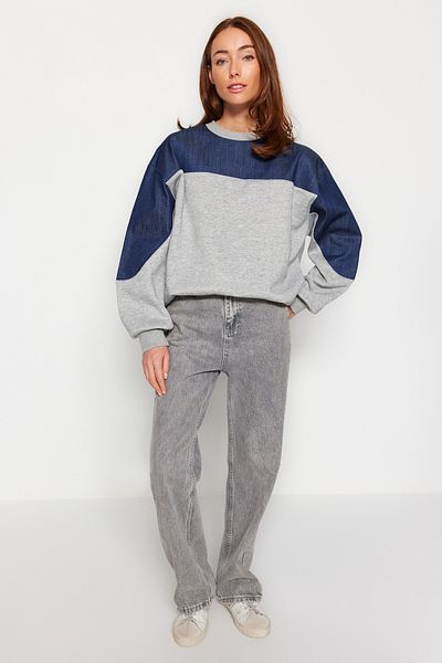 Trendyol Collection Gray Thick Inside Fleece Denim Detailed Balloon Sleeve Oversize/Wide Fit Knitted Sweatshirt TWOAW24SW00204