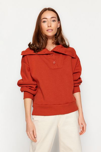 Trendyol Collection Tile Thick Inside Fleece Regular/Regular Fit Knitwear Detailed Stand Collar Knitted Sweatshirt TWOAW24SW00396