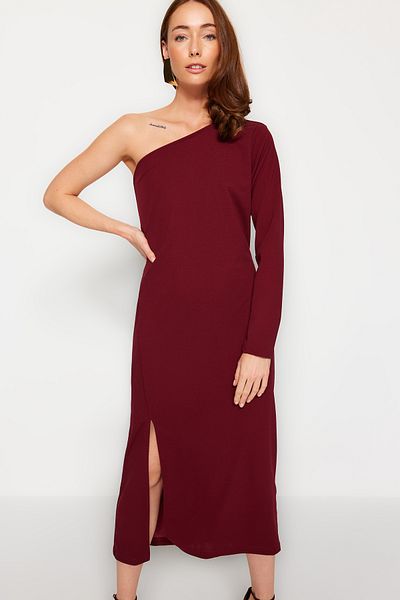 Trendyol Collection Rochie tricotată midi, roșu claret, cu decolteu asimetric, cu fantă, detaliată TWOAW24EL00623