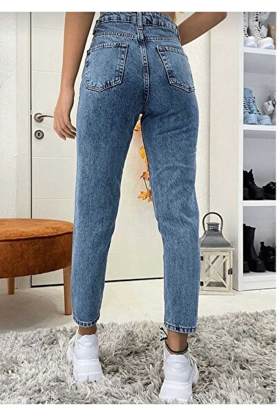 comfort jeans Hókék, magas derekú, puha tapintású, laza szabású Mom Jean farmernadrág