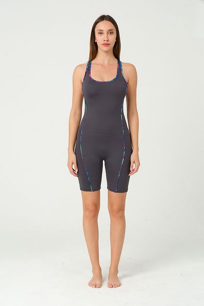 vawensea Women's Long Shorts Swimsuit Colorful Bias Anthracite (with Breast Pad)