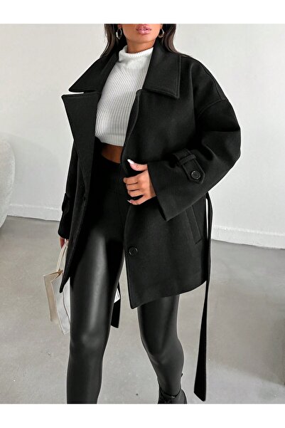 LADYSuits Siyah Oversıze Kuşaklı Cepli Kısa Kaban