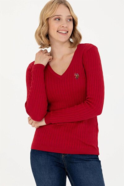 U.S. Polo Assn. Pulover de bază roșu cu decolteu în V pentru femei ELİFSU BUT...