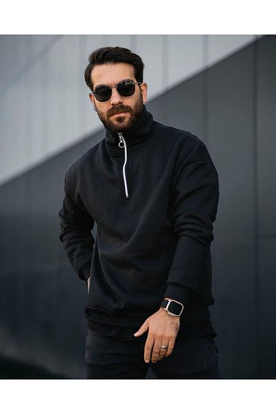Tex Republic Black Men's Oversize Sweatshirt with Half Zipper