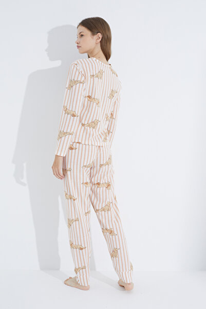 Siyah İnci mink striped dog Jogger Knitted Pajama Set