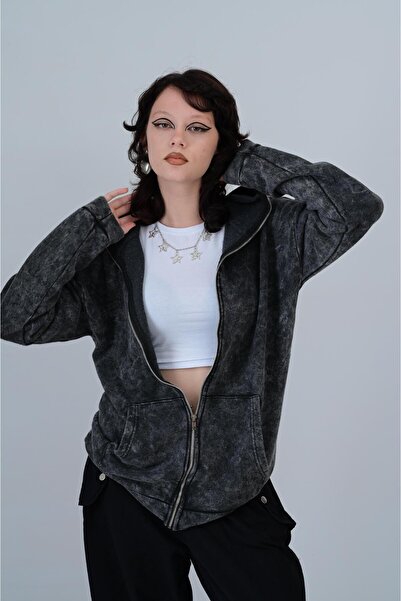 Toum Küt Küt Y2K Vintage Випраний Full Zip Detail Unisex Oversize Кардиган з капюшоном